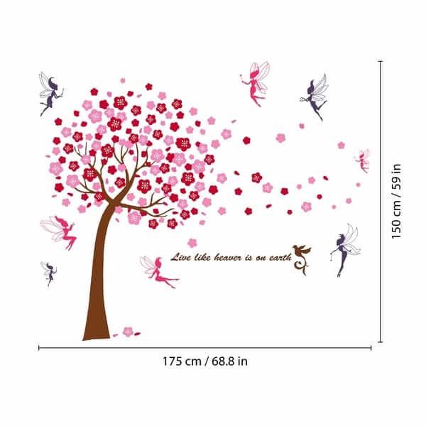 dimension image slide 1 of 2, Walplus Pink Cherry Tree Fairies Children Wall Sticker Nursery Decor