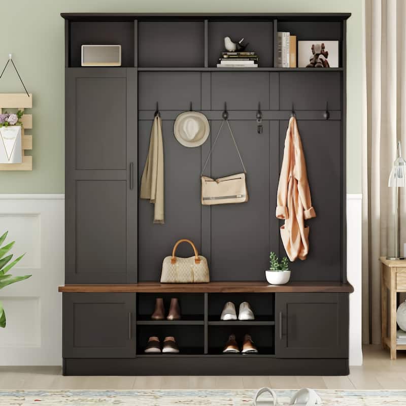 Versatile 3-in-1 Hall Tree with 6 Hooks, Farmhouse Walnut Storage Bench with Adjustable Shelves - Black