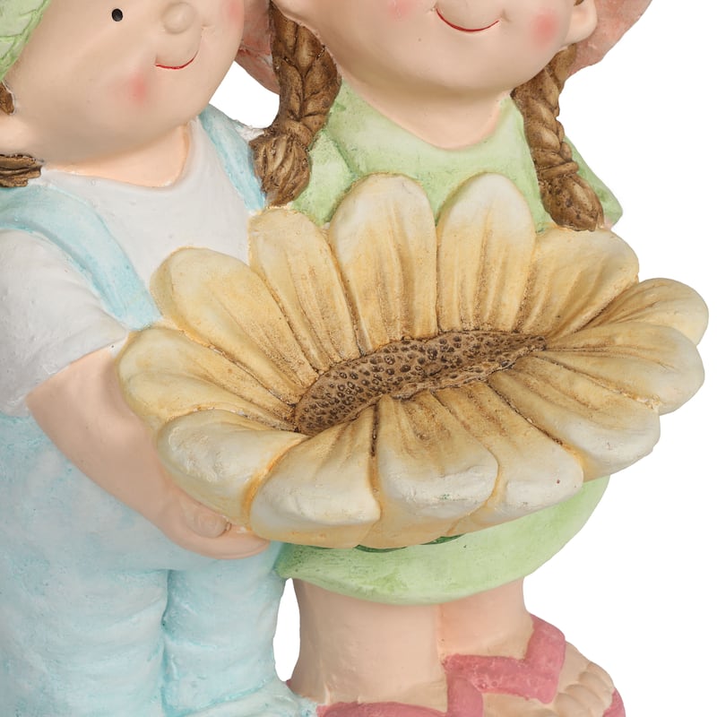 Boy and Girl Statue Holding Sunflower Birdbath