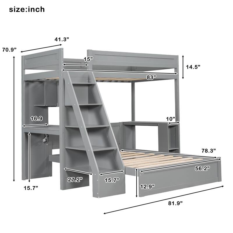 Twin XL Over Full Bunk Bed with Integrated Desk, USB Charging Station & Storage Staircase by Harper&Bright Designs