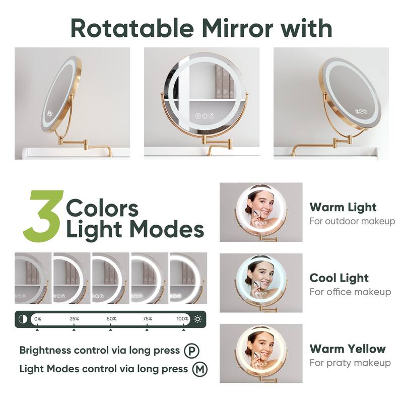 Vanity Desk with Rotated Mirror and Adjustable Lights