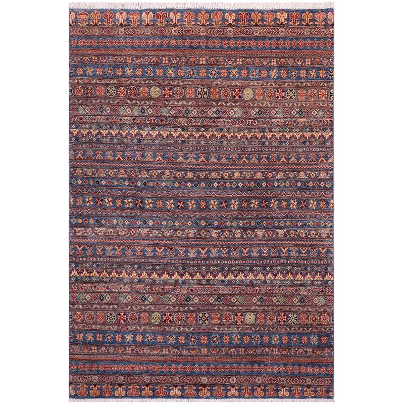 Transitional Khurgeen Freda Blue/Beige Hand-knotted Wool Rug - 4'9 x 6'8 - 4'11'' x 6'7''