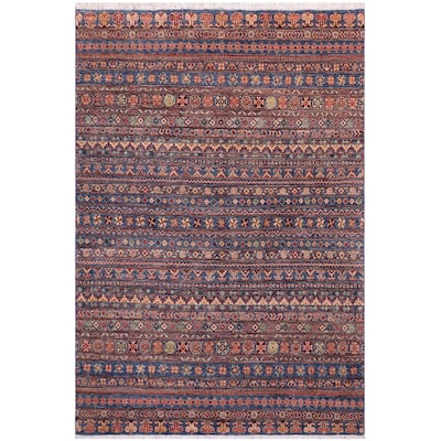 Transitional Khurgeen Freda Blue/Beige Hand-knotted Wool Rug - 4'9 x 6'8 - 4'11'' x 6'7''