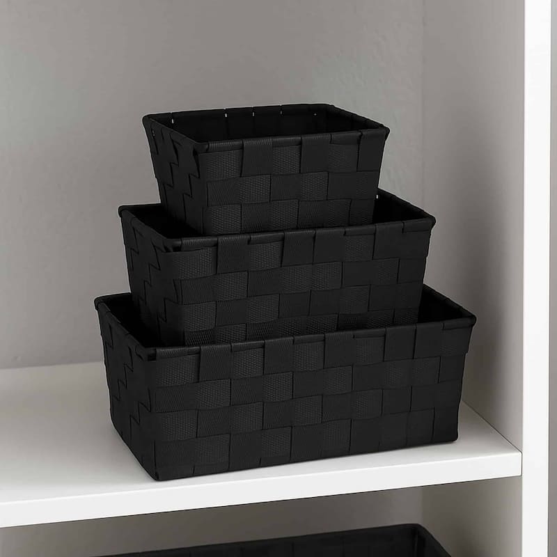 Checkered Woven Strap Storage Baskets (Set of 3) - 7.8 L x 5.3 W x 4.2 H - Black
