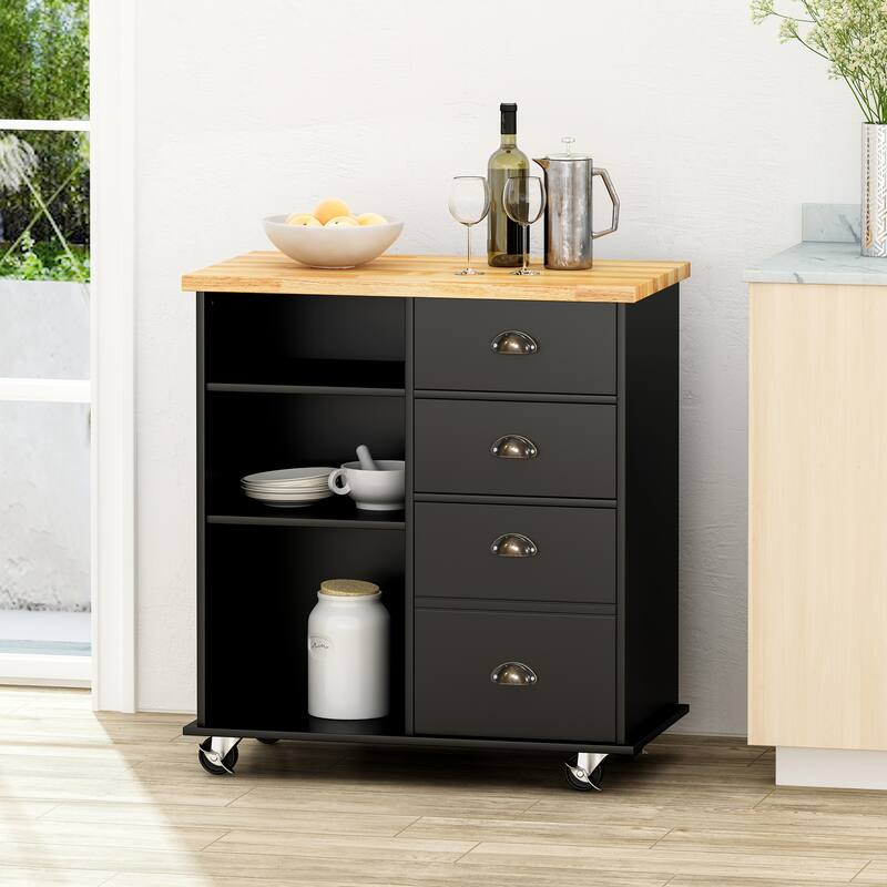 Fixed Wheel Rolling Modern Kitchen Utility Cart with 2 Drawers, 1 Cabinet, 3 Shelves and Rubberwood Top, Gray - Black