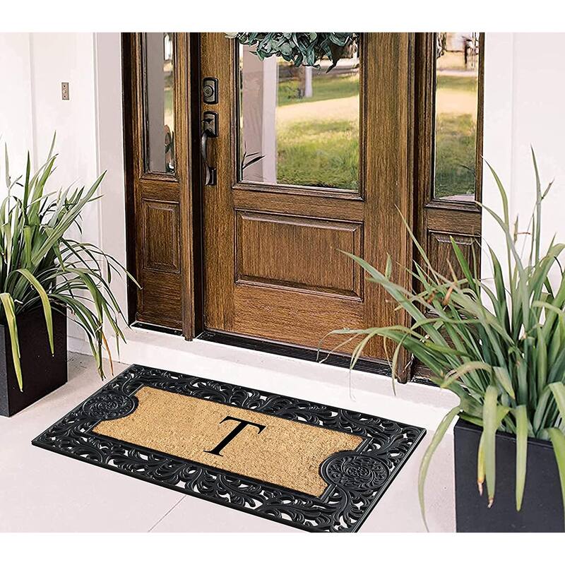 A1HC Floral Border Rubber and Coir Large Outdoor Durable Monogrammed Doormat, Black - 23" X 38"