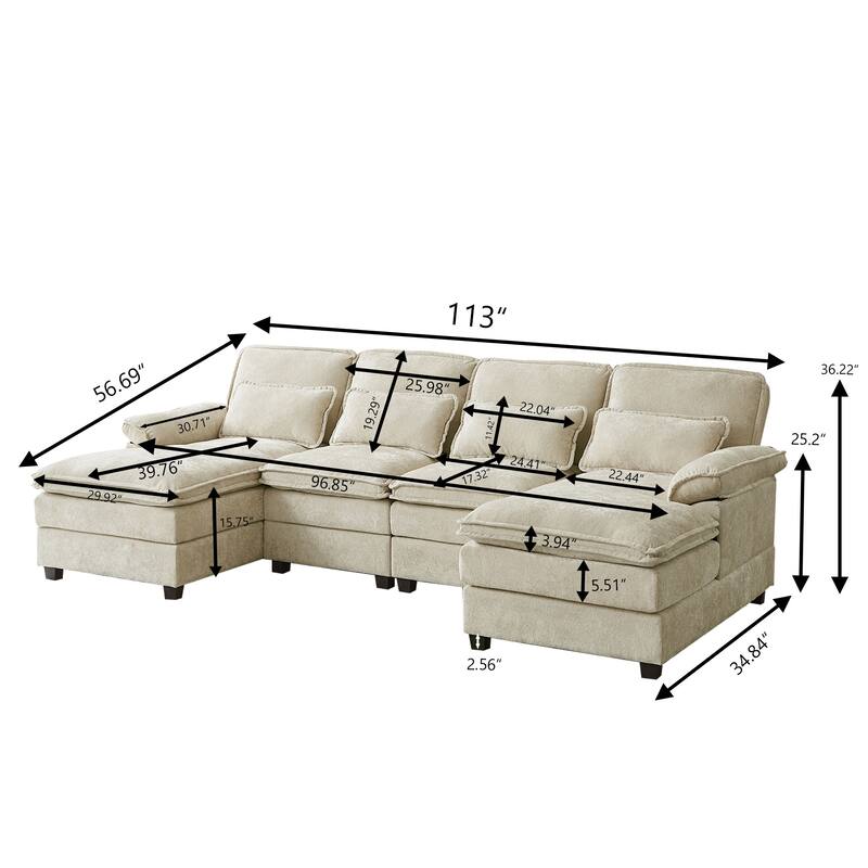113 Inches Oversized Double Layer Cloud Design U Shaped Sofa with Double Chaise