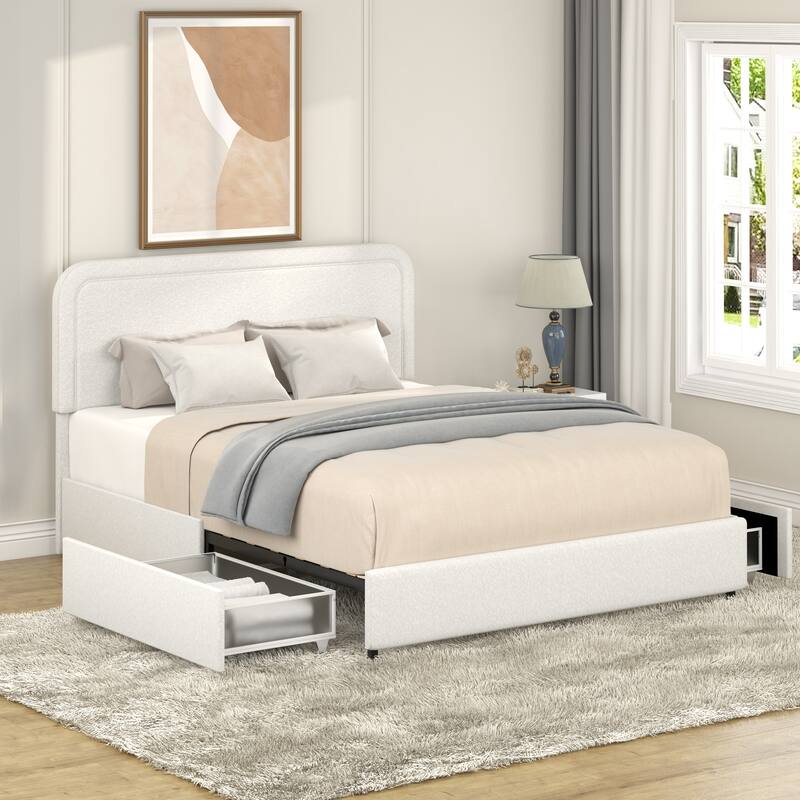 Queen Size Ivory Boucle Upholstered Platform Bed with 2 Built-in Dust-Proof Drawers and Tufted Headboard