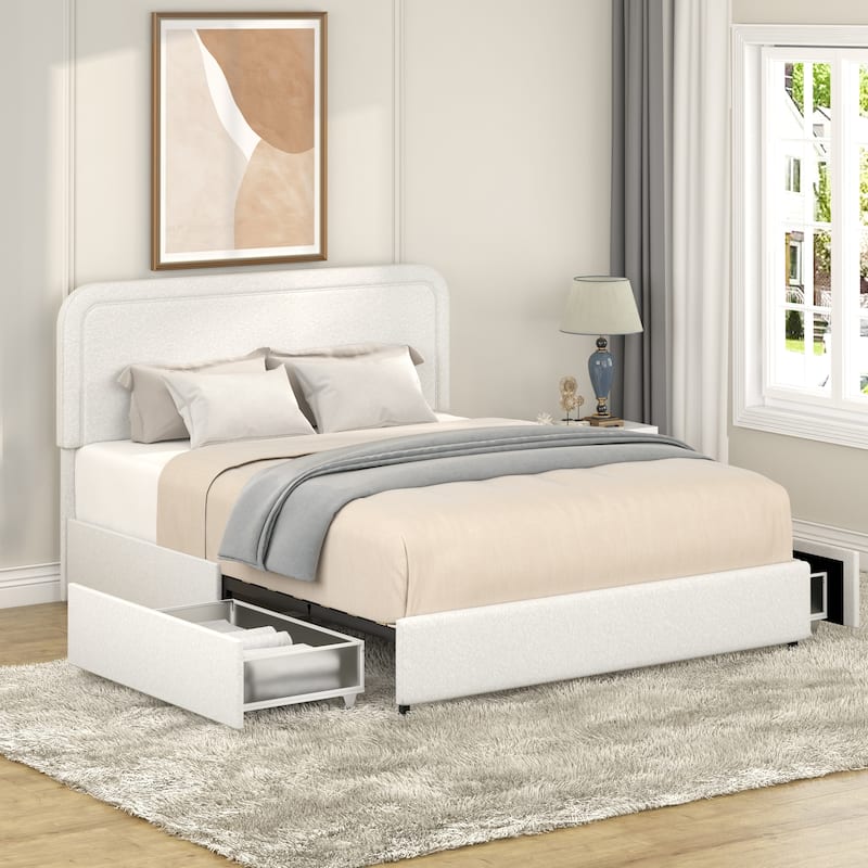 Christopher Knight Home Valle Queen Sized Boucle Upholstered Platform Bed with Drawers, Ivory - Ivory+2 Drawers