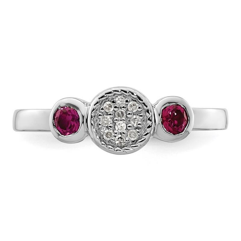 Curata 925 Sterling Silver Bezel Polished Prong set Stackable Expressions Db Round Cr. Ruby and Dia. Ring