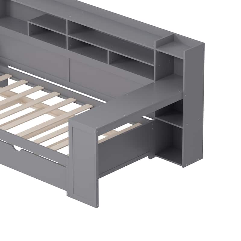 Multi-functional Daybed with Storage Shelves, Trundle Bed and Study Desk