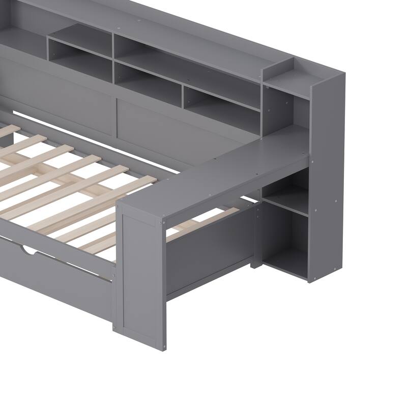 Wooden Daybed Platform Bed with Recessed Desk Storage Shelves and Twin Size Trundle Bed Under Bed for Compact Spaces, Bedroom