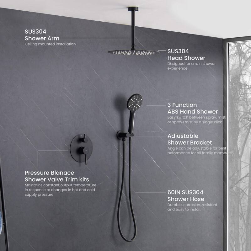 Circular Pressure Balanced Ceiling Mounted 2-Function Shower System with Rough In Valve