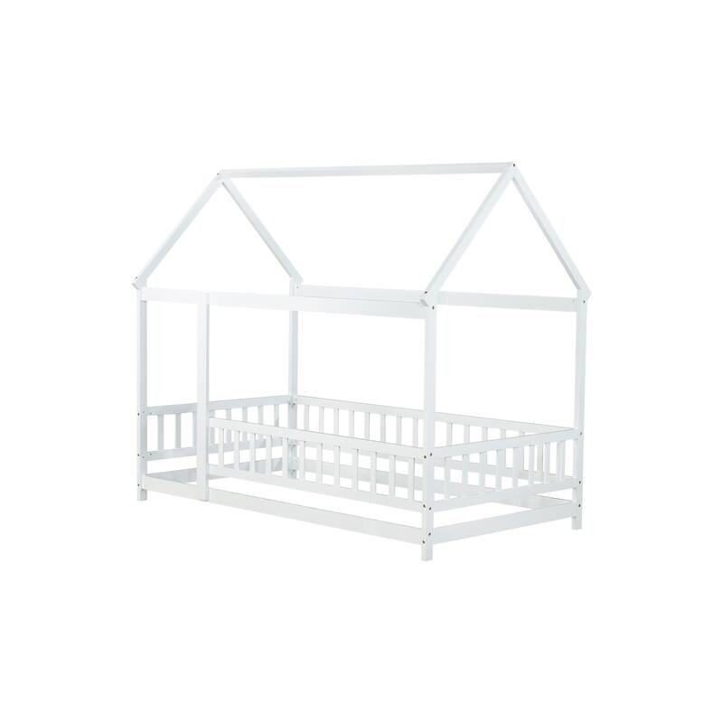 Twin Floor Bed with House Roof Frame, Safety Guardrails, and Fence Design