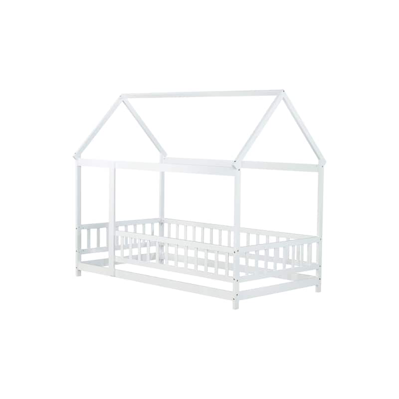 Twin Size House Floor Wooden Bed with Roof Frame