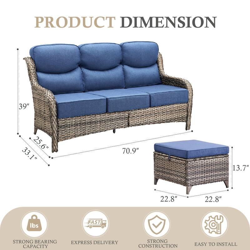 Arcadia 3-Seat Wicker Patio Sofa with 6-Inch Thick Cushions and 2 Ottomans