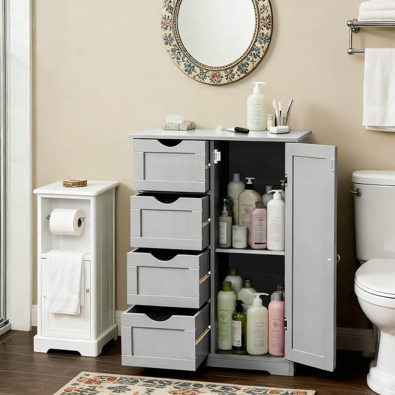 Black Bathroom Storage Cabinet with 4 Drawers and 1 Door