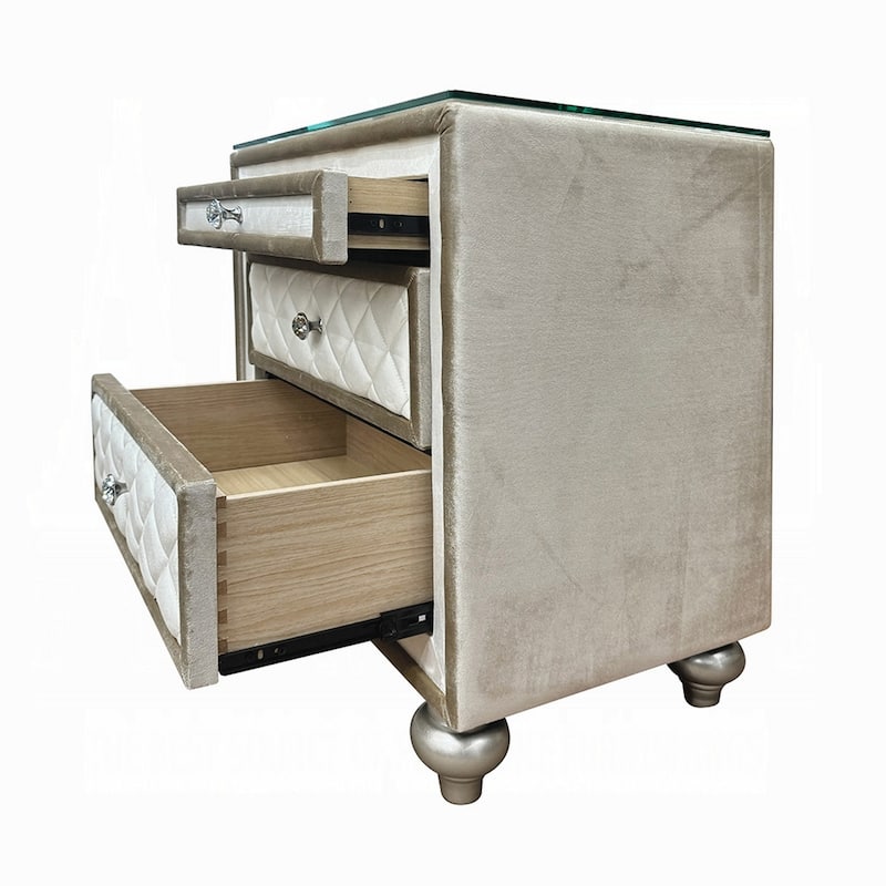Willa Nightstand, 2 Drawers, Pull Out Tray, 27 Inch Wood, Beige Velvet