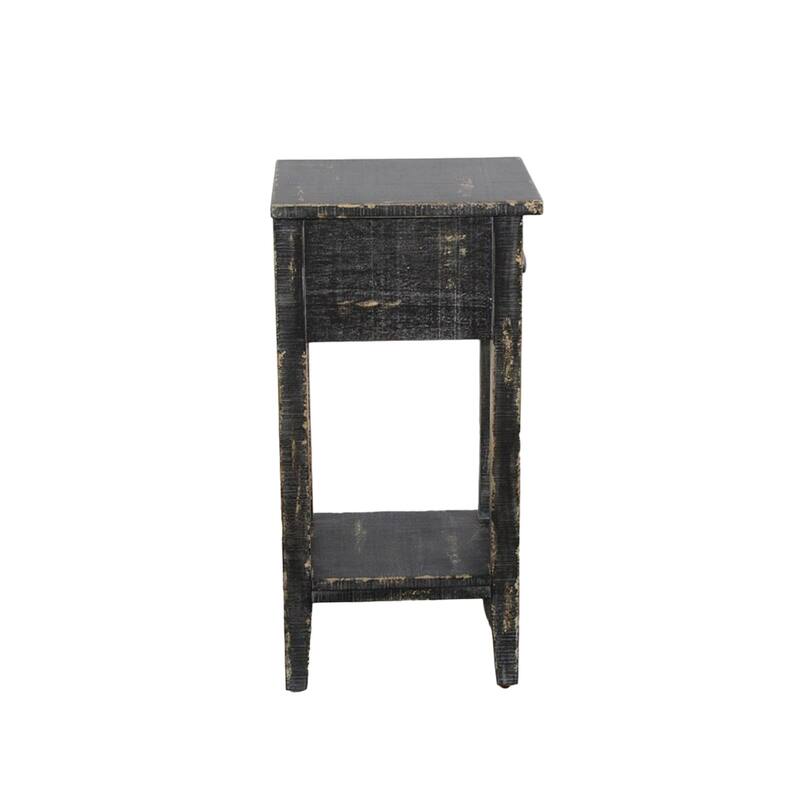 Rena Chairside Table w Drawer and Shelf, 14 Inch Black Mahogany Wood
