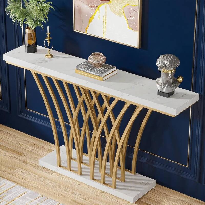 White-Gold Metal and MDF Console Table with Faux Marble Top and Shelf - 59.06” L x 11.81 W x 31.50 H
