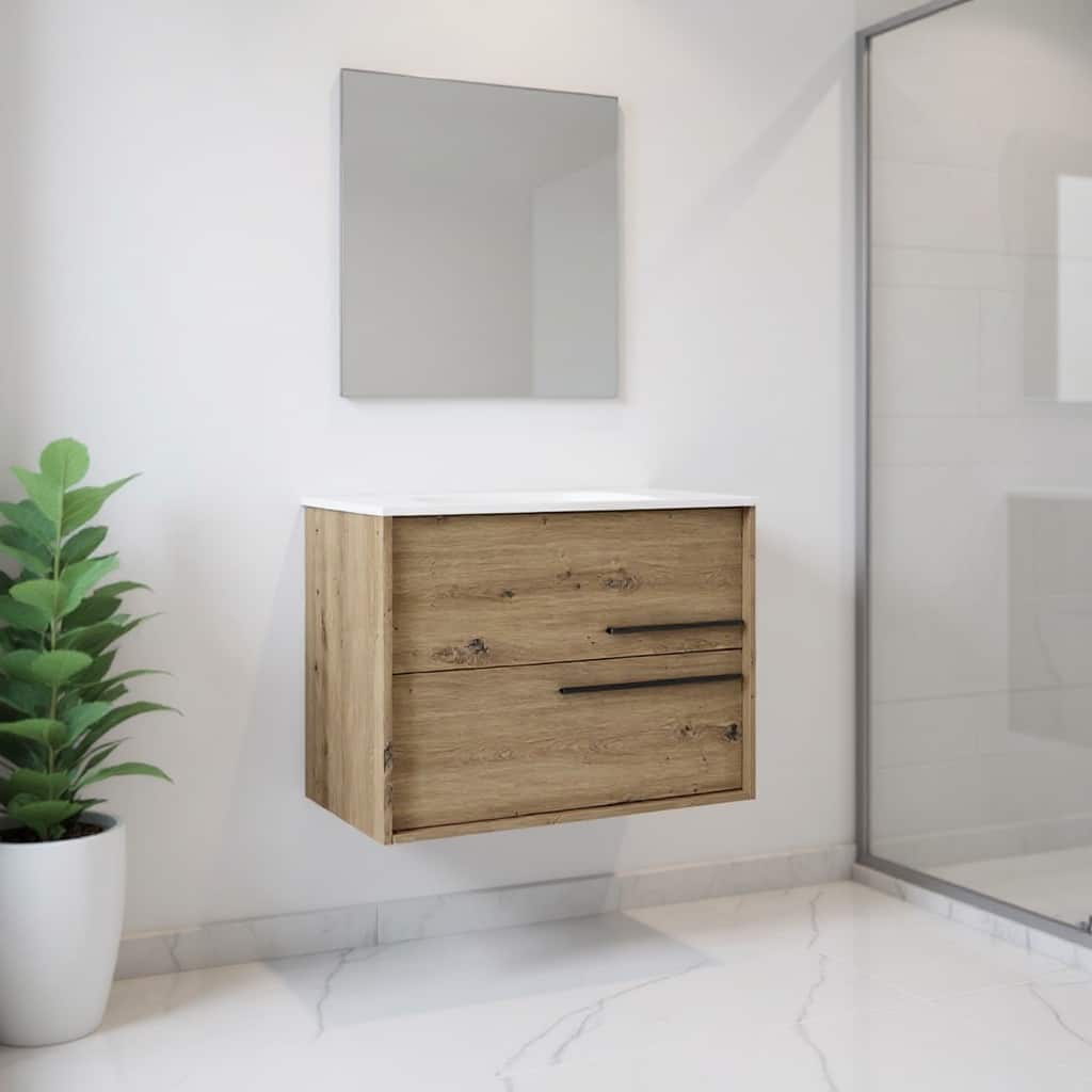 HomeRoots 24" Natural Wood Floating Bathroom Vanity With White Sink And Two Drawers - 24.00 in. x 24.60 in. x 21.60 in.