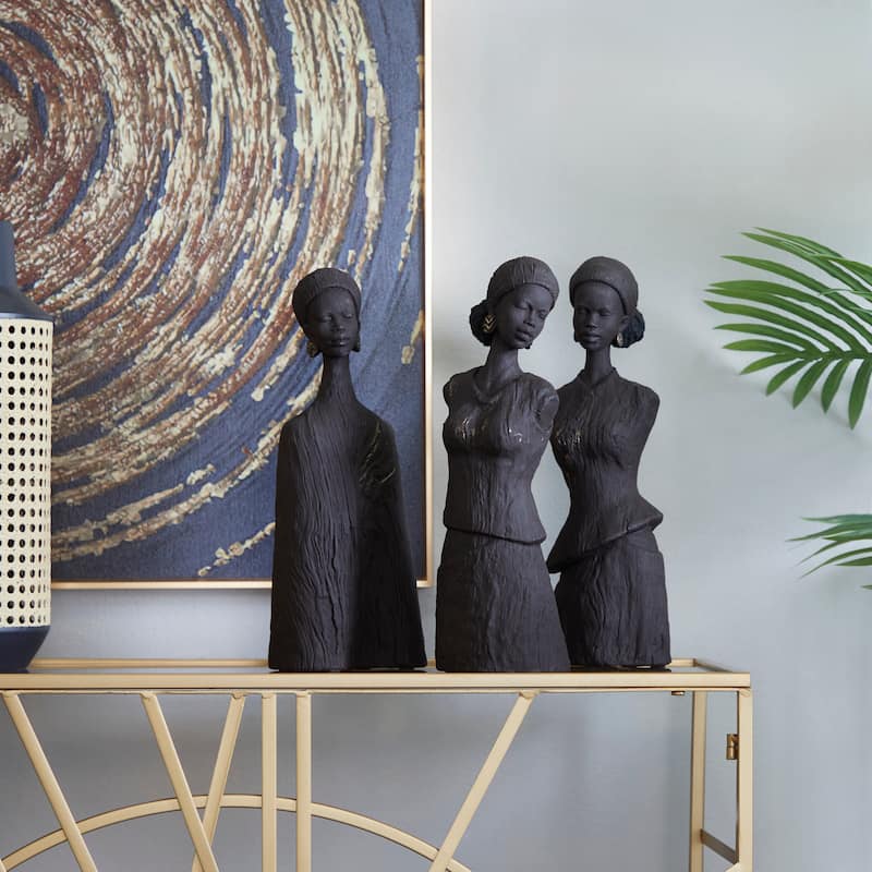 Polystone Woman African Sculpture - Set of 3 Dark Gray - Roche River Decor - 4"W x 4"L x 13"H