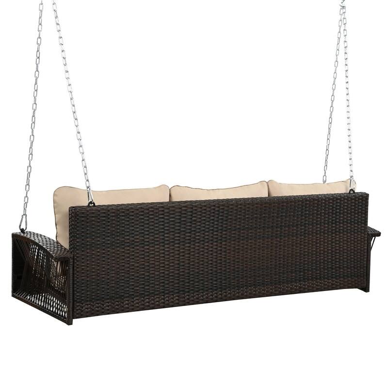 3-Person Wicker Porch Swing with Chains and Cushions for Relaxing in Your Backyard or Garden