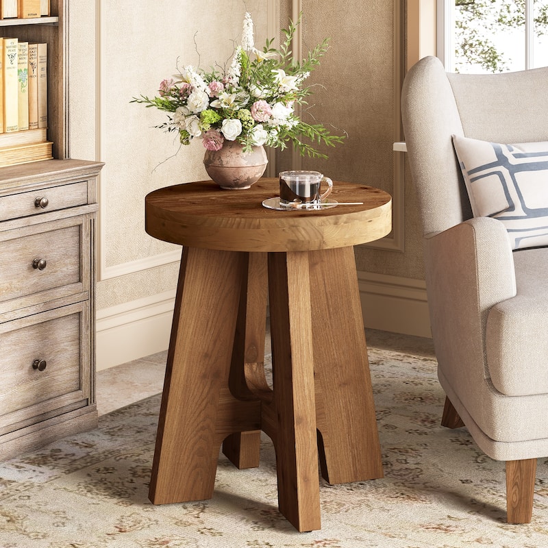 Round Solid Wood End Table, Couch Side Bedside Accent Table for Bedroom Living Room
