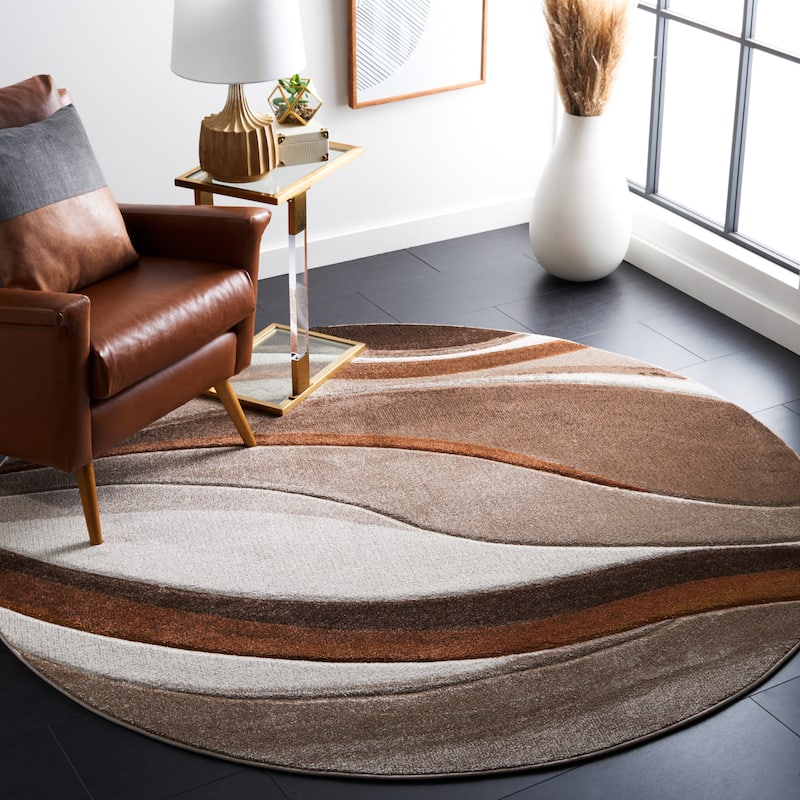 SAFAVIEH Hollywood Deep Mid-Century Modern Abstract Rug - 6'7" x 6'7" Round - Beige/Brown