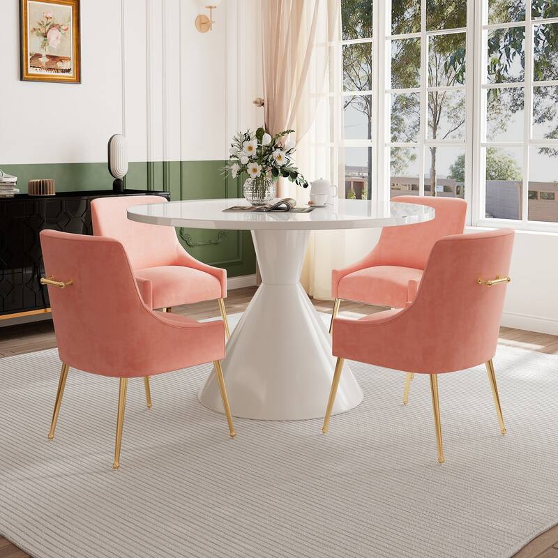 48" Light Luxury White High Gloss Large Countertop Dining Table with Velvet Dining Chair Set