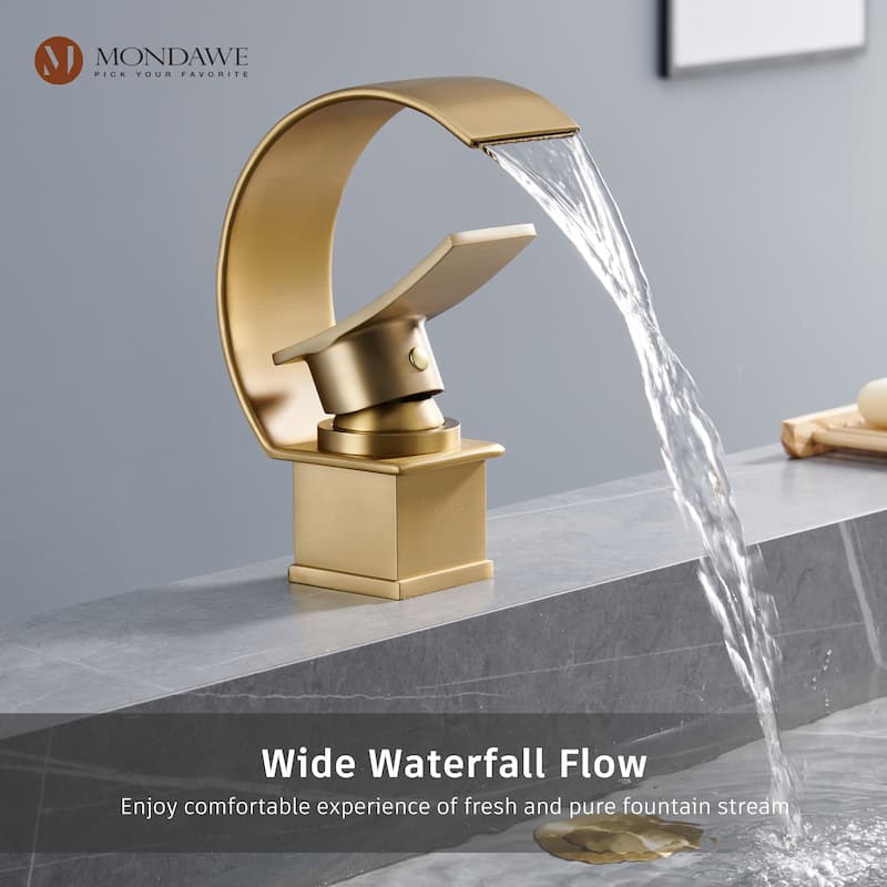 Mondawe Luxury C-Shape Arc Waterfall Spout Single Handle 8 inch Widespread Bathroom Sink Faucet With Pop-up Drain in Matte Black