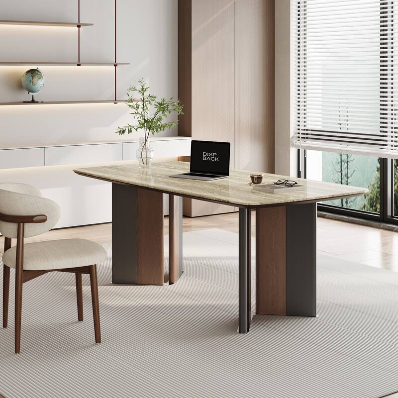 Modern 63" Retangular Wrining Desk, Faux Marble Table Top Desk With Double Legs