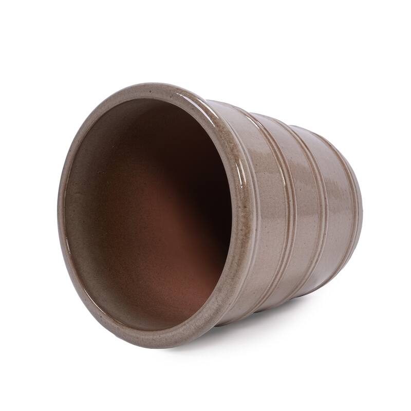 Handmade Glazed Ceramic Planter Set of 3, 16/13/10 Inch Diameter, Horizontal Rib Design