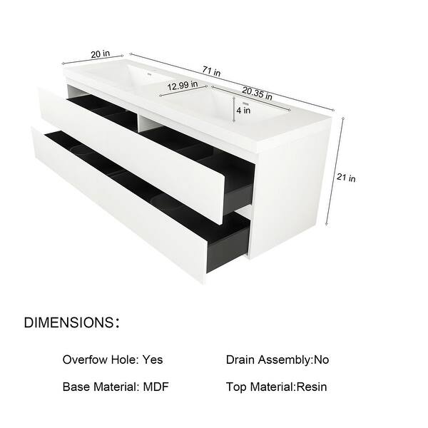 dimension image slide 0 of 2, Floating Bathroom Vanity with Integrated Resin Top