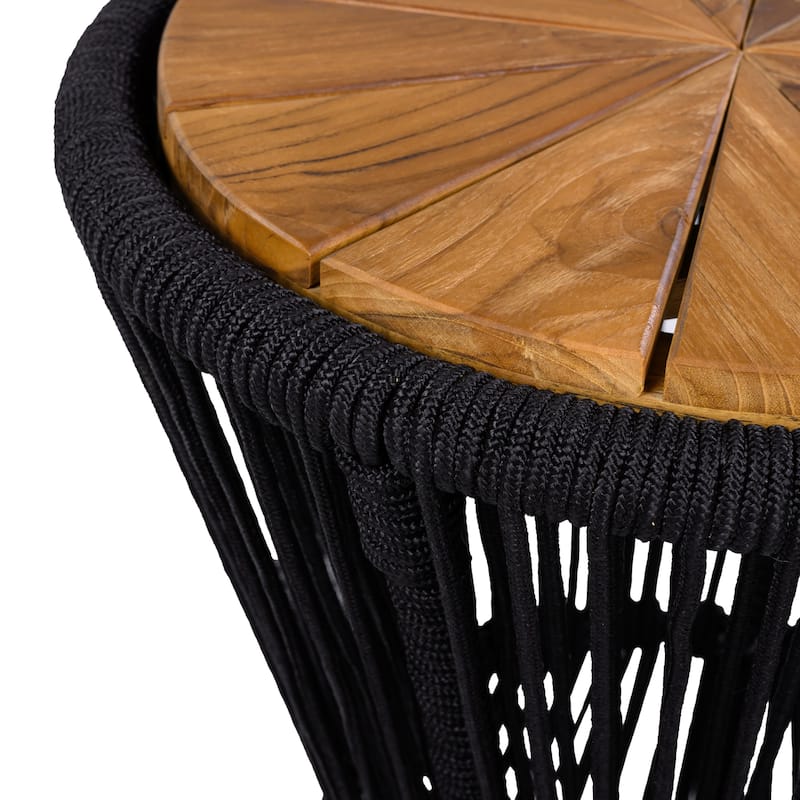 Roomfitters 25.8" Outdoor Side Table Modern Woven Rope Hourglass Patio Accent Table with Teak Wood Finish Top