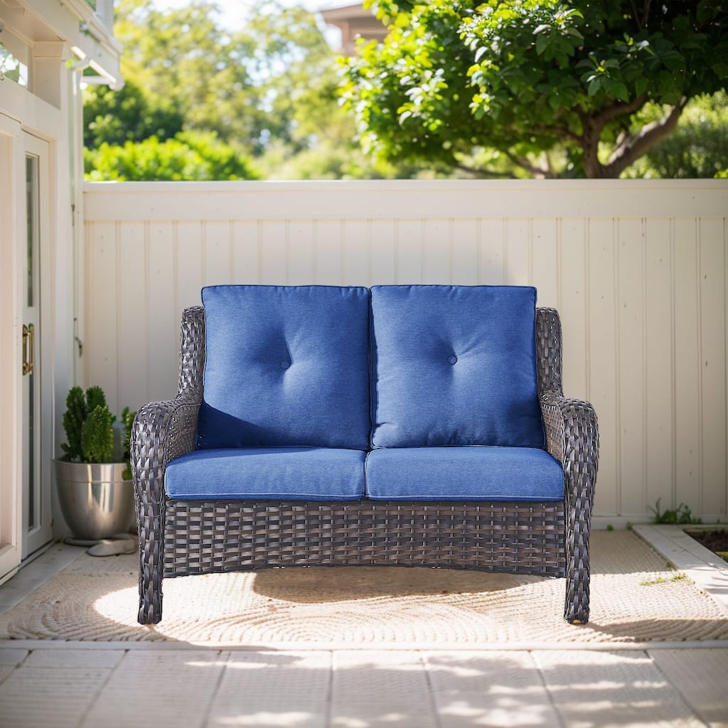 Outdoor Loveseat Sofa 2-Seat Sofa Brown-Blue - Brown
