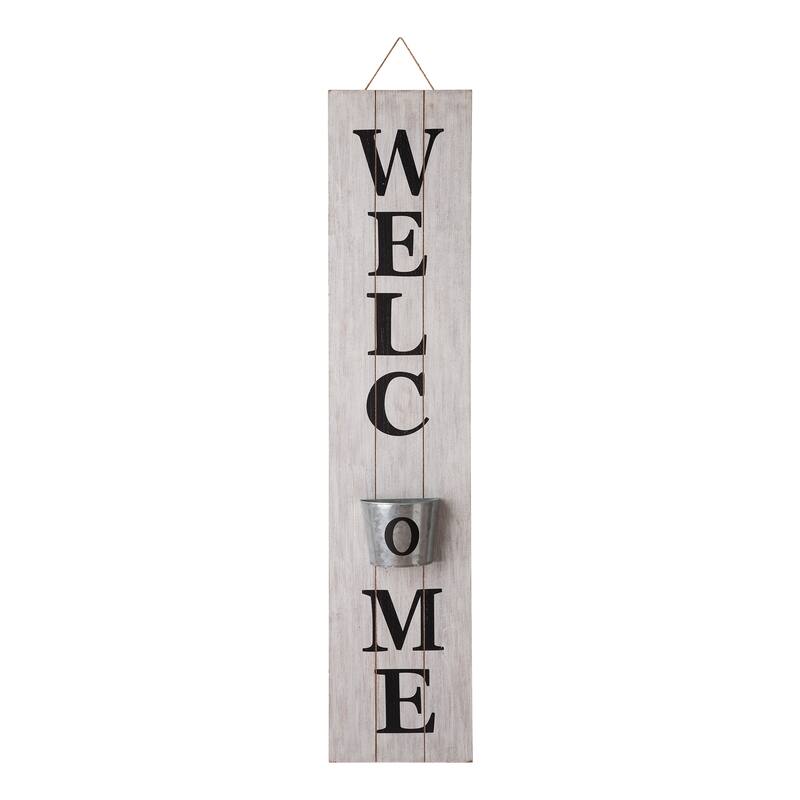 Glitzhome 42-inch Wooden Welcome Porch Sign Wall Decor with Metal Planter