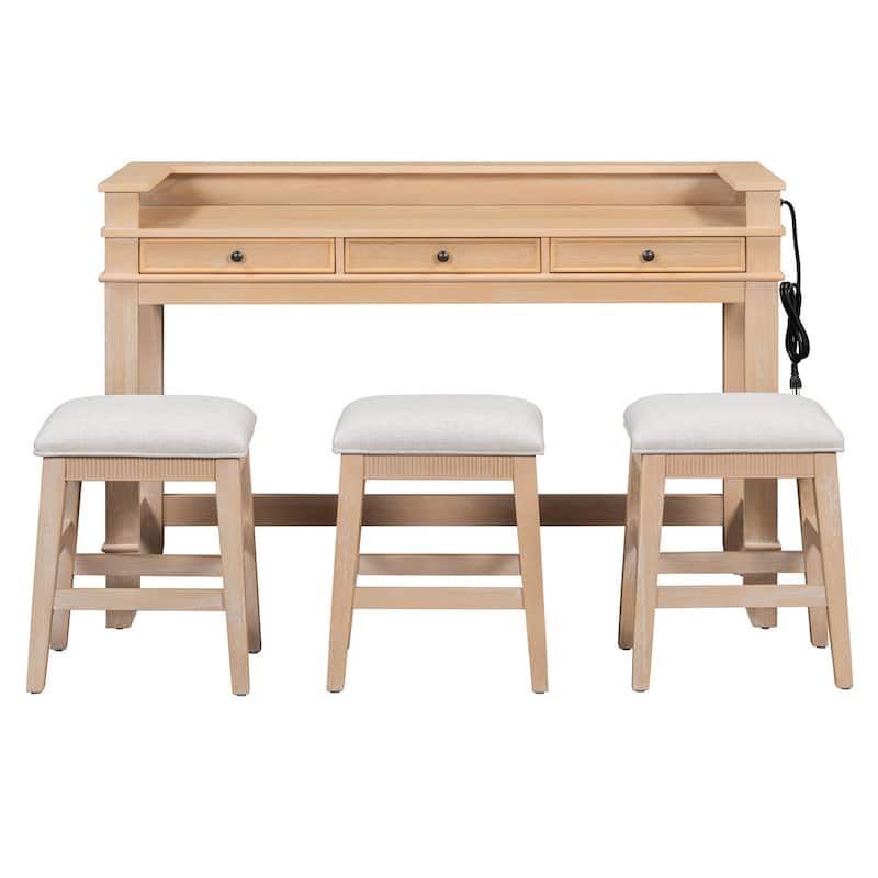 4-Piece Retro Dining Set Dining Table with USB with 3 Upholstered Stools