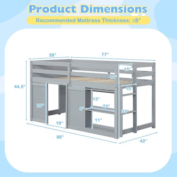 dimension image slide 0 of 2, Gymax Twin Size Loft Bed w/ LED Lights 2 Doors Underbed Space &
