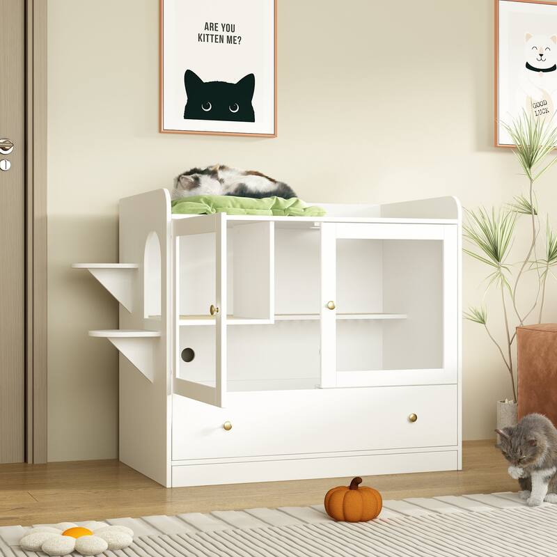 Multifunctional Pet Litter Box Cabinet Stylish Hideaway for Your Cat - White