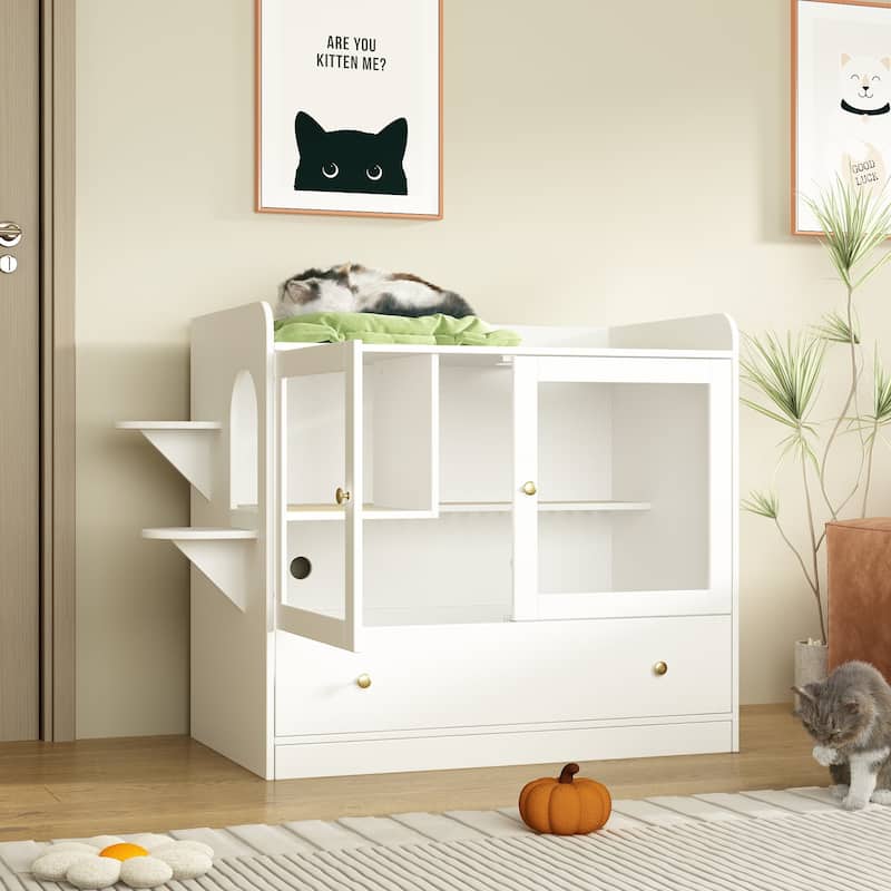 Stylish Cat Furniture Cat Litter Box Enclosure and Versatile Cat House - White