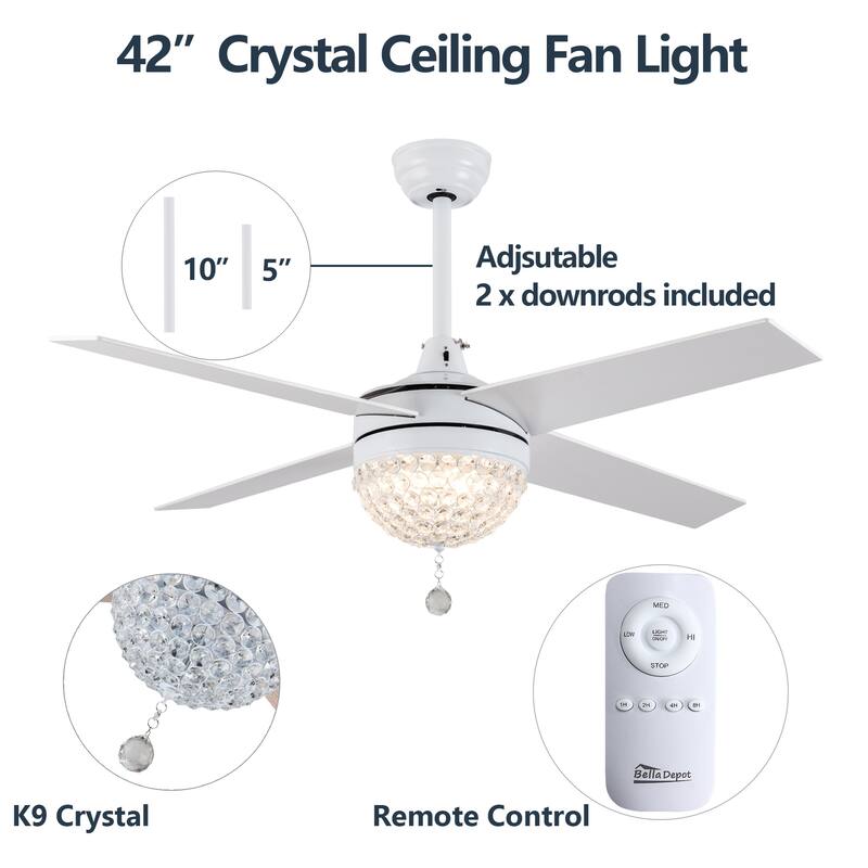 Bella Depot 52" Modern Crystal Ceiling Fan with LED Light, Reversible Ceiling Fan with Remote Control