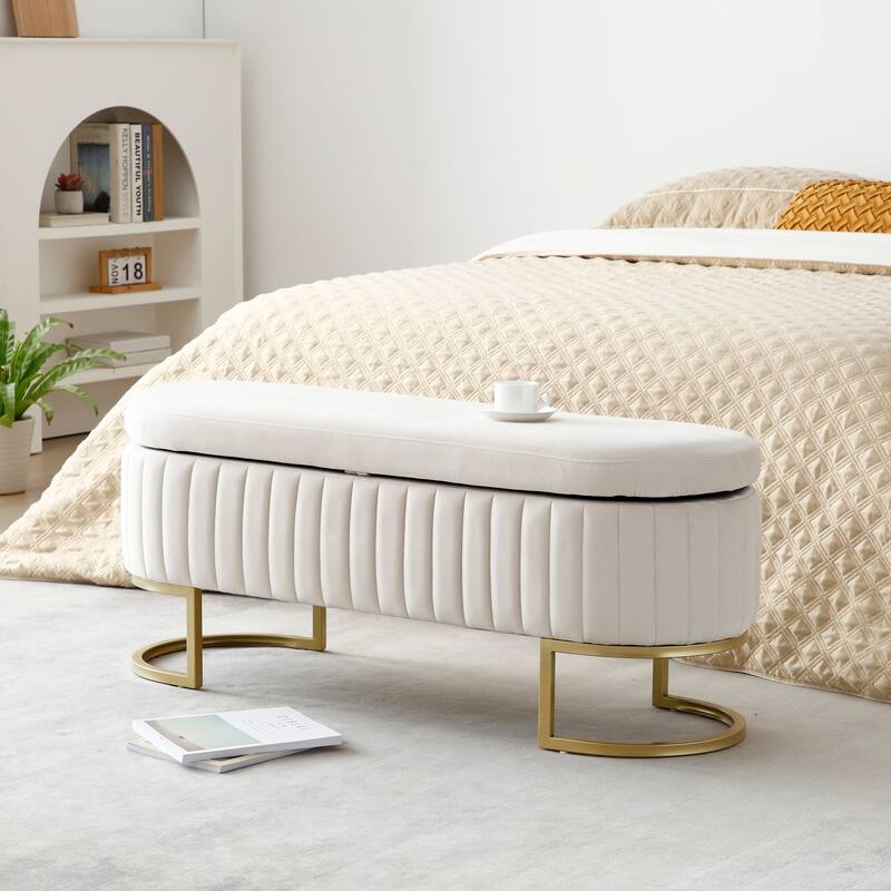 Storage Bench Bedroom Bench, Velvet Oval Upholstered End of Bed Bench with Golden Metal Legs, 50"Modern Storage Ottoman Bench - Beige