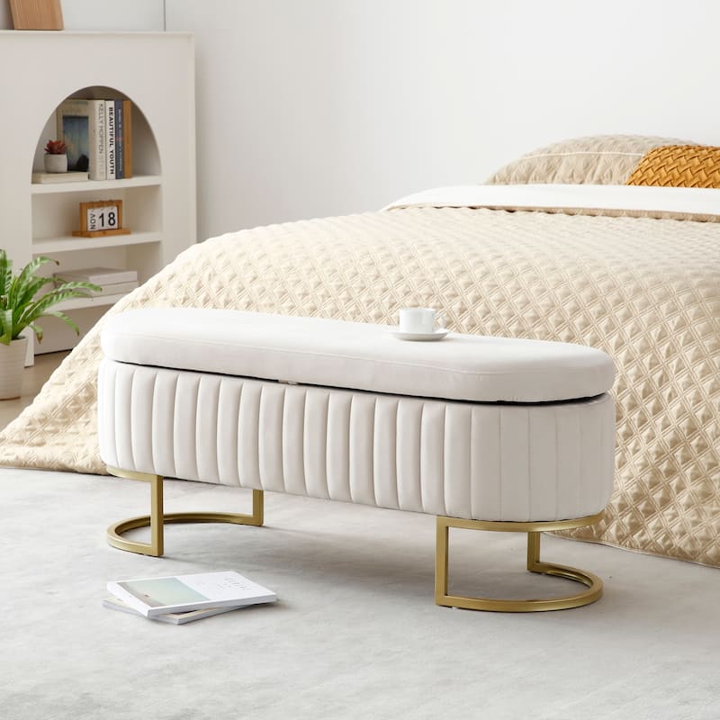 Storage Bench Bedroom Bench, Velvet Oval Upholstered End of Bed Bench with Golden Metal Legs,50" Storage Ottoman Bench