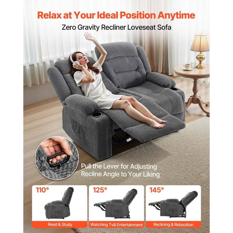 Grey Corduroy Recliner Loveseat with Vibration Massage, Lumbar Heat and USB Ports - 63 x 37 x 42.9 in