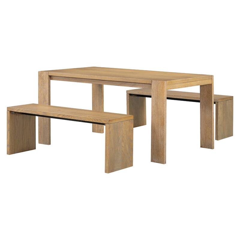 3-piece Farmhouse Style Simple Dining Set, Dining Table and 2 Benches, for Dining Room, Kitchen and Living Room