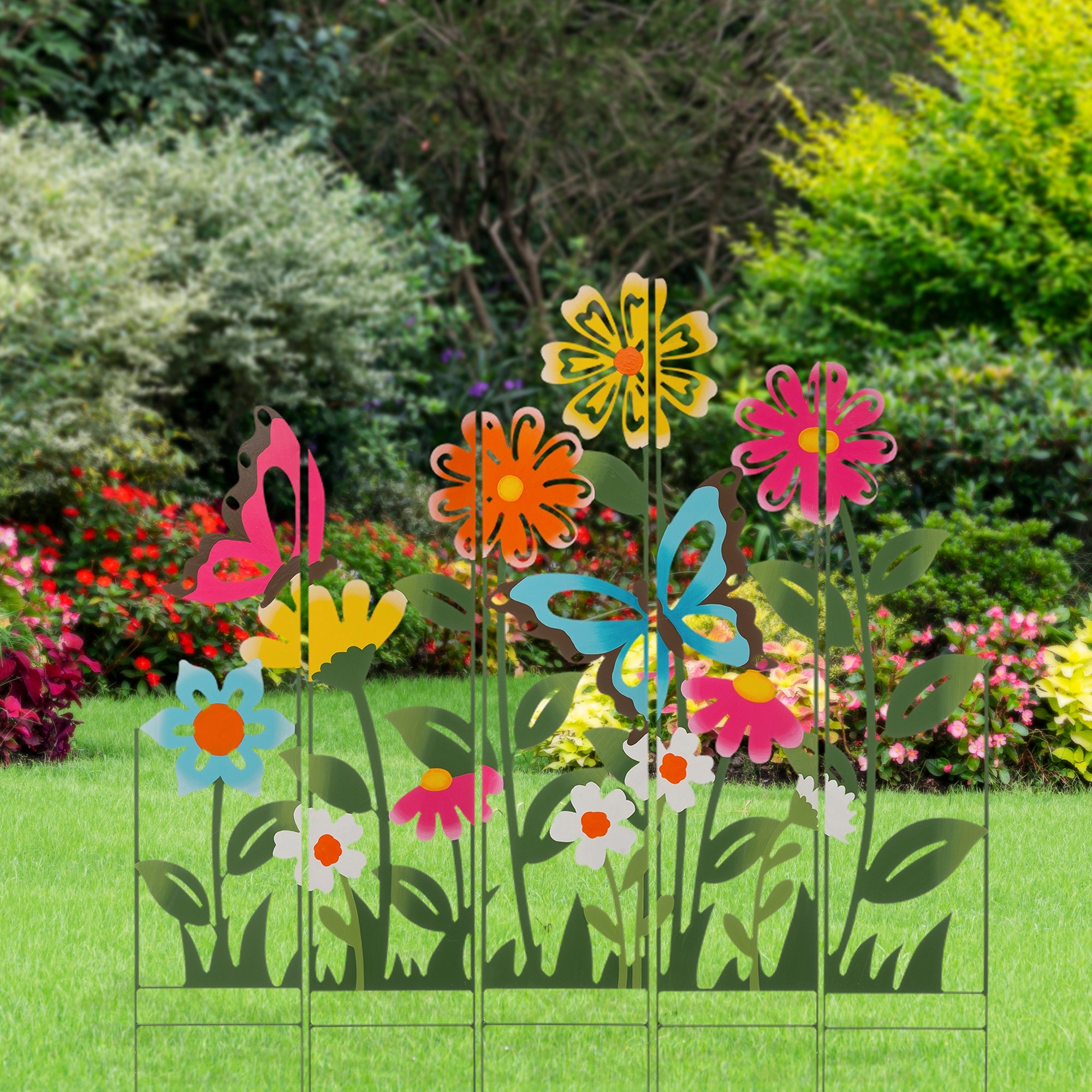 Glitzhome 40"H 5 Pieces Metal Flowers Silhouette Yard Stake