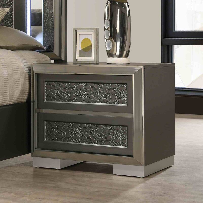 Modern Dark Gray LED 4Pc Bedroom Furniture Set Bed Dresser Mirror Nightstand