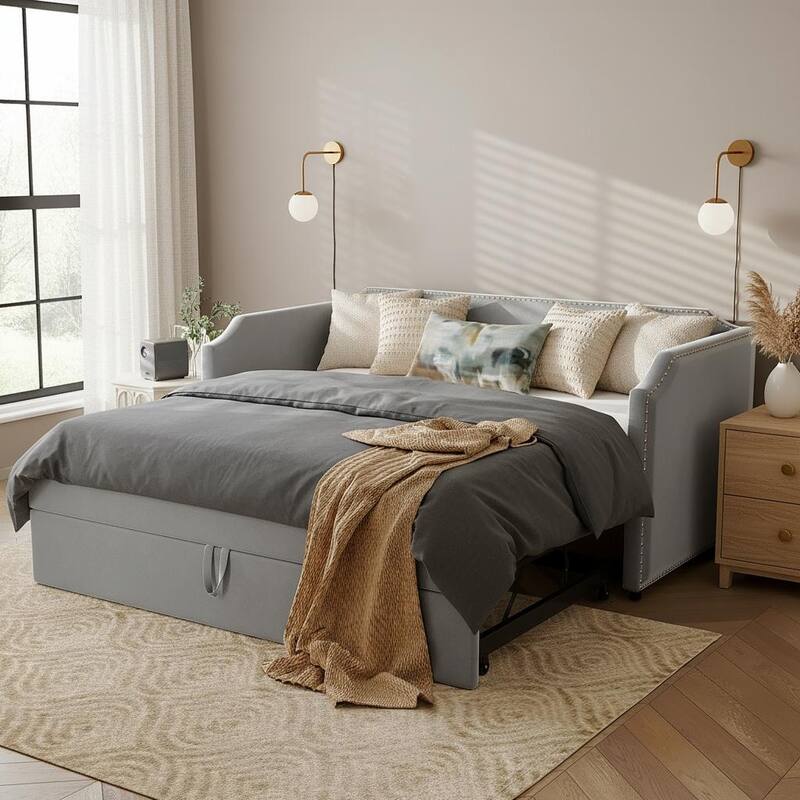 Velvet Twin Daybed with Elevating Pop-Up Trundle & Nailhead Trim by Harper&Bright Designs