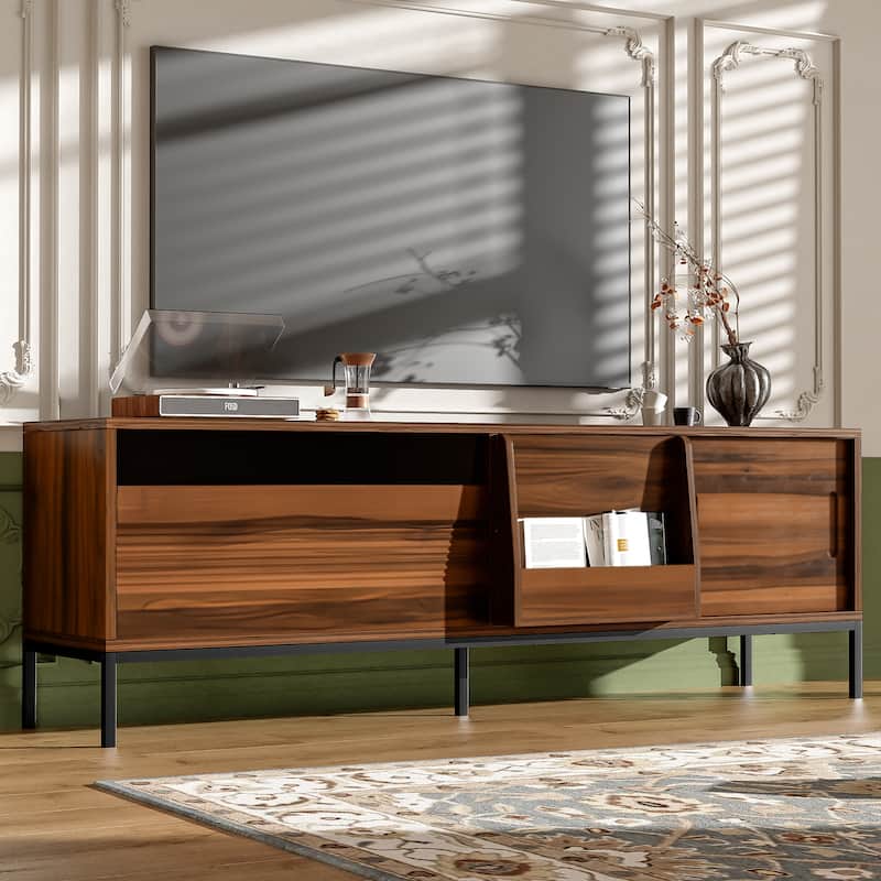 70.8" Modern TV Stand for 75 Inch TVs, Mid Century Media Console with Sliding Doors, Adjustable Shelves and Metal Frame